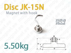 Magnet with Hook, Disc JK-15N, Nickel