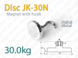 Magnet with Hook, Disc JK-30N, Nickel