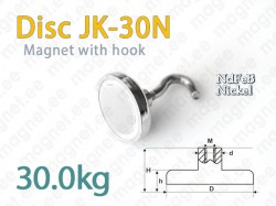Magnet with Hook, Disc JK-30N, Nickel