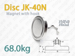 Magnet with Hook, Disc JK-40N, Nickel