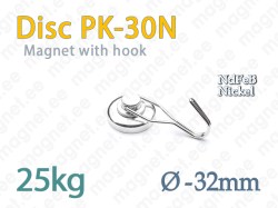 Magnet with Hook, Disc PK-30N, Nickel