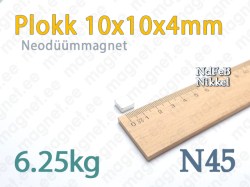 Neodüümmagnet Plokk 10x10x4mm, N45, Nikkel