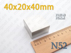 Neodüümmagnet Plokk 40x20x40mm, N52, Nikkel