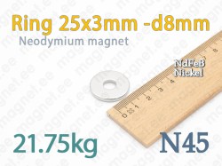Neodymium magnet Ring 25x3mm -d8mm, N45, Nickel