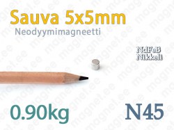 Neodyymi Sauvamagneetti 5x5mm, N45, Nikkeli