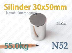 Neodüümmagnet Silinder 30x50mm N52 Nikkel kattega