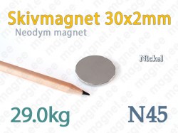 Neodym Skivmagnet 30x2mm, N45, Nickel