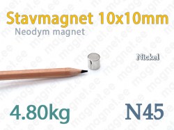 Neodym Stavmagnet 10x10mm, N45, Nickel
