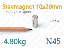 Neodym Stavmagnet 10x20mm, N45, Nickel