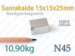 Neodyymi Suorakaidemagneetti 15x15x25mm, N45, Nikkeli