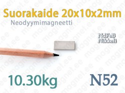 Neodyymi Suorakaidemagneetti 20x10x2mm, N52, Nikkeli