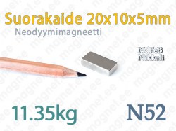Neodyymi Suorakaidemagneetti 20x10x5mm, N52, Nikkeli