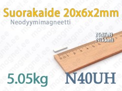 Suorakaidemagneetti 20x6x2mm N40UH, Neodyymi, Nikkeli
