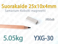 SmCo Suorakaidemagneetti 25x10x4mm, YXG30, Nikkeli