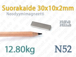 Suorakaidemagneetti 30x10x2mm N52, Neodyymi, Nikkeli