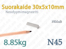 Neodyymi Suorakaidemagneetti 30x5x10mm, N45, Nikkeli