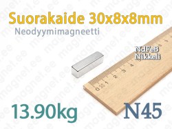Neodyymi Suorakaidemagneetti 30x8x8mm, N45, Nikkeli
