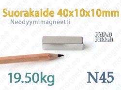 Neodyymi Suorakaidemagneetti 40x10x10mm, N45, Nikkeli