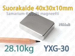 SmCo Suorakaidemagneetti 40x30x10mm, YXG30, Nikkeli
