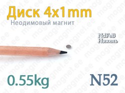 Неодимовые магнит Диск 4x1мм, N52, Никель