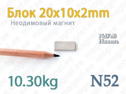 Неодимовый магнит Блок 20x10x2мм, N52, Никель