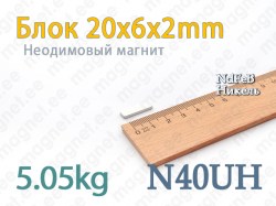 Неодимовый магнит Блок 20x6x2мм N40UH, Никель