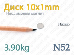 Неодимовый магнит Диск 10x1мм, N52, Никель