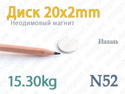 Неодимовый магнит Диск 20x2мм, N52, Никель