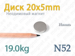 Неодимовый магнит Диск 20x5мм, N52, Никель