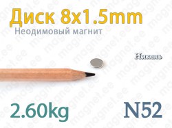 Неодимовый магнит Диск 8x1,5мм, N52, Никель